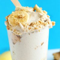 Overflowing glass of our homemade Banana Cream Pie Blizzard recipe