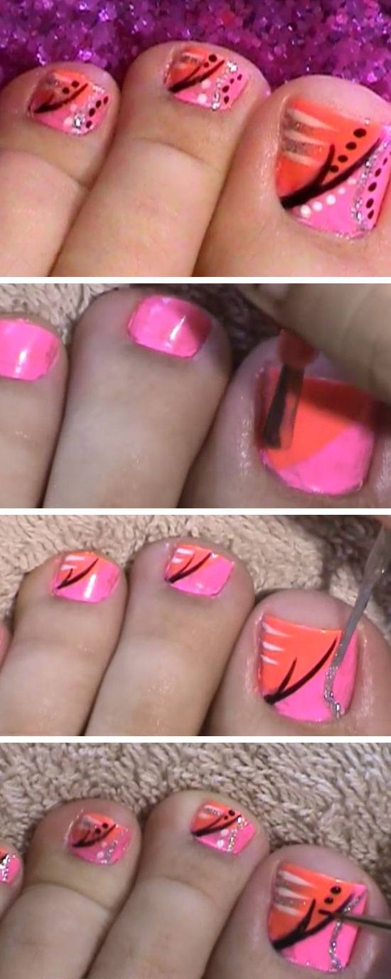 Abstract Toe Nail Art Design Tutorial Pink & Orange | 18 DIY Toe Nail Designs for Summer Beach | Easy Toenail Art Designs for Beginners