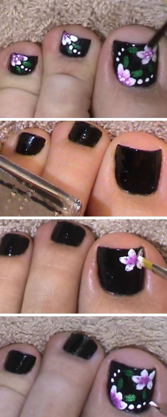 Black & Flowers Toenail Art Design | 18 DIY Toe Nail Designs for Summer Beach | Easy Toenail Art Designs for Beginners