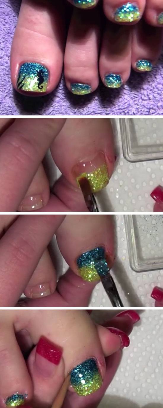 Glitter Aqua Marine | 18 DIY Toe Nail Designs for Summer Beach | Easy Toenail Art Designs for Beginners