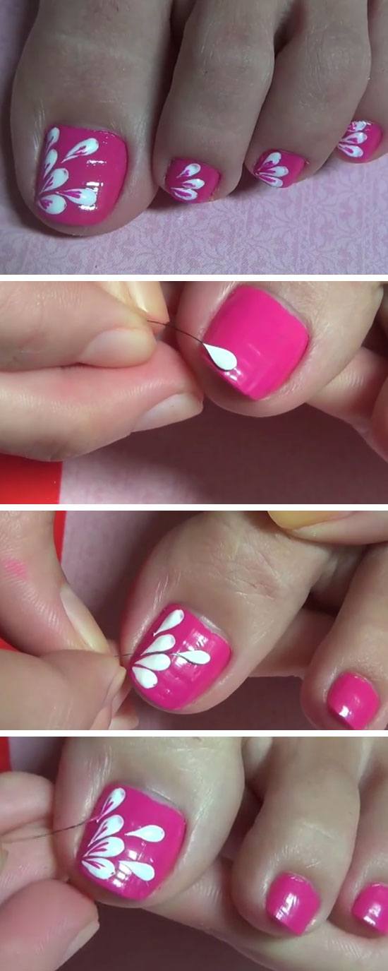 Pink Paint Petals Using A Hair | 18 DIY Toe Nail Designs for Summer Beach | Easy Toenail Art Designs for Beginners