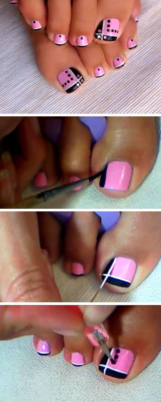 Pink and Black Toes | 18 DIY Toe Nail Designs for Summer Beach | Easy Toenail Art Designs for Beginners