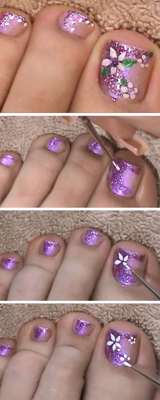 Purple Glitter Finger & Toe Nail Art Design | 18 DIY Toe Nail Designs for Summer Beach | Easy Toenail Art Designs for Beginners